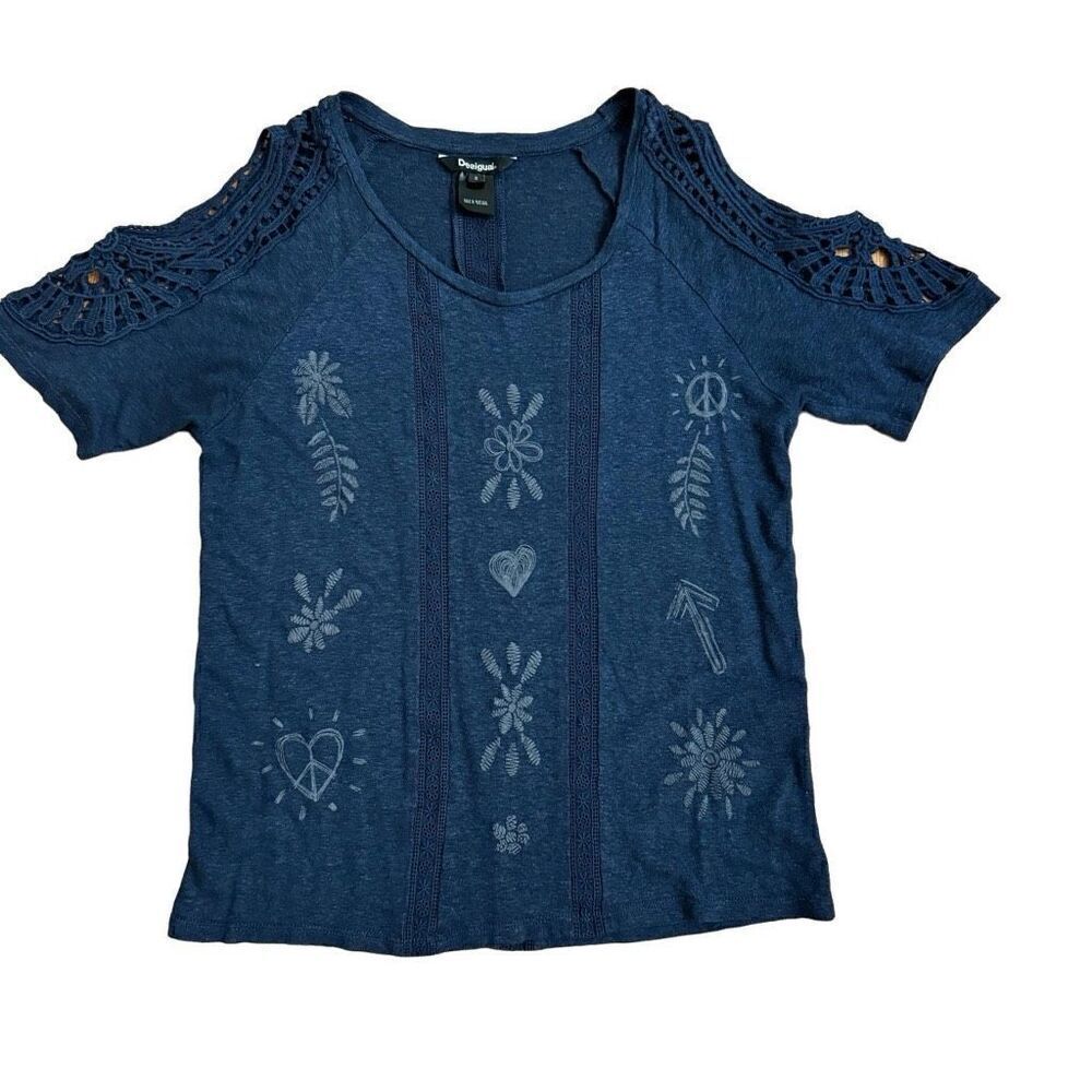 Desigual TS Sweet Summer Linen Blend Cold Shoulder Top Size Small Navy Blue